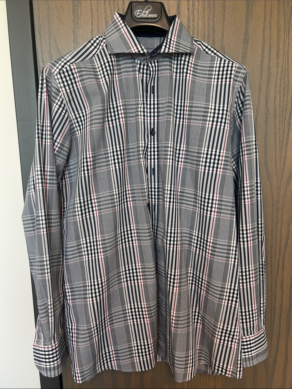 Men's Black and Gray Plaid Dress Shirt with Red Accents